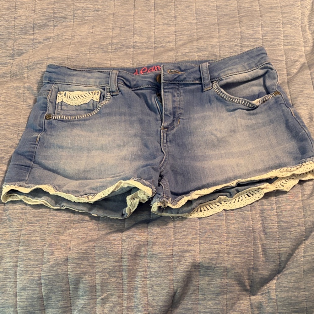 Red Camel Faded Light Blue Denim Cutoff Shorts with Crochet Hem